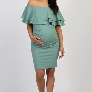 Sage Off Shoulder Fitted Maternity Dress